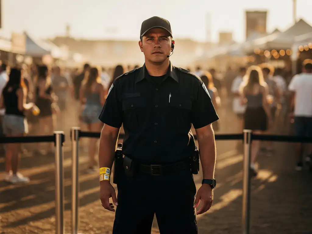 Beveiligingsmedewerker in zwart uniform bewaakt de ingang van een druk buitenfestival tijdens het gouden uur.