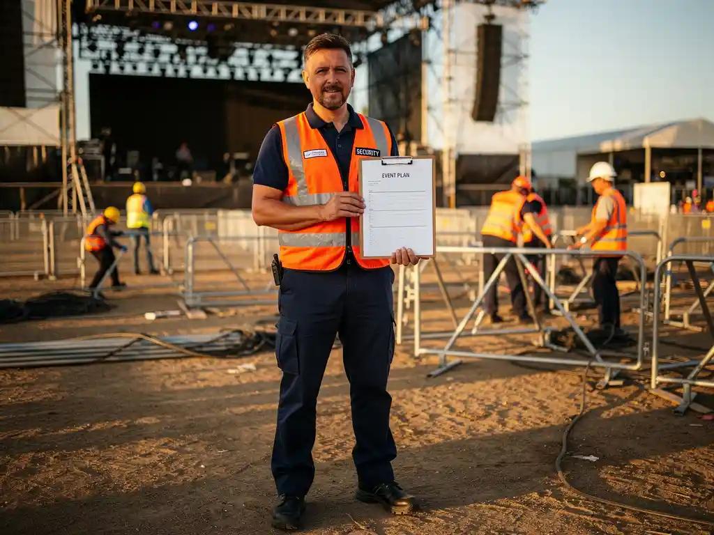 Festivalcoördinator in veiligheidsvest bestudeert planningsklembord op festivalterrein in opbouw, met steigers en lege podia op de achtergrond.