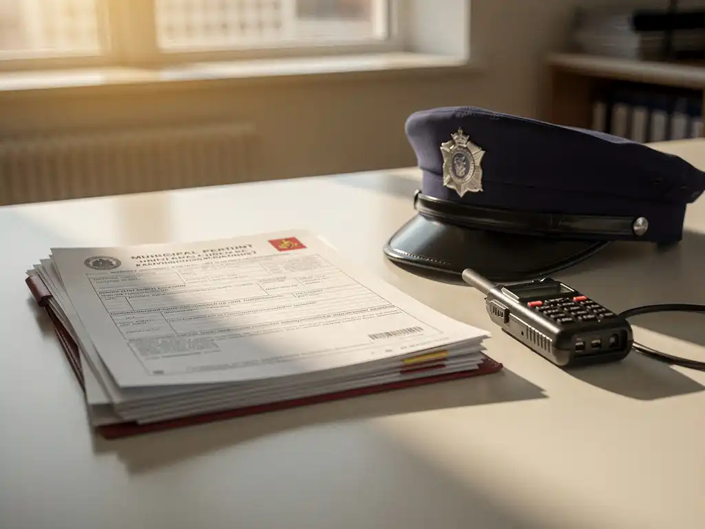 Stapel gemeentelijke vergunningsdocumenten op een overheidsbureau, met een beveiligingspet en portofoon ernaast in warm middaglicht.