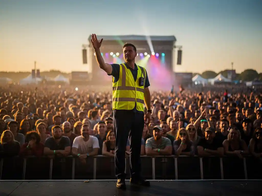 Crowdmanager in geel veiligheidsvest dirigeert festivalbezoeker met opgeheven hand tijdens druk buitenevenement bij gouden avondlicht.