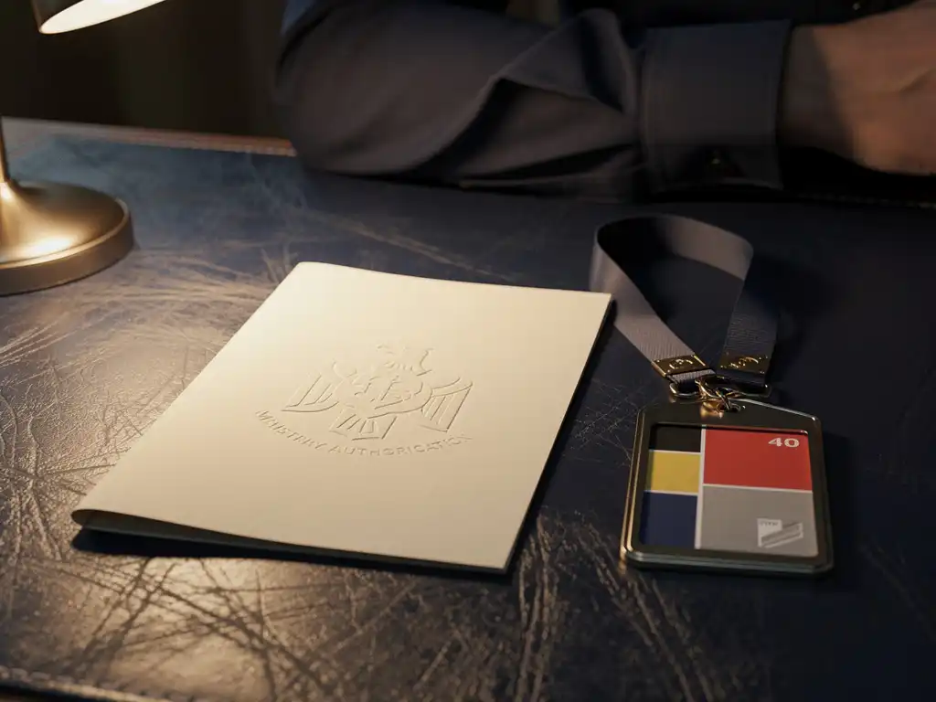 Versleten leren bureauoppervlak met officieel overheidscertificaat, embossed ministerieel zegel en beveiligingsbadge, marineblauw uniform op achtergrond.