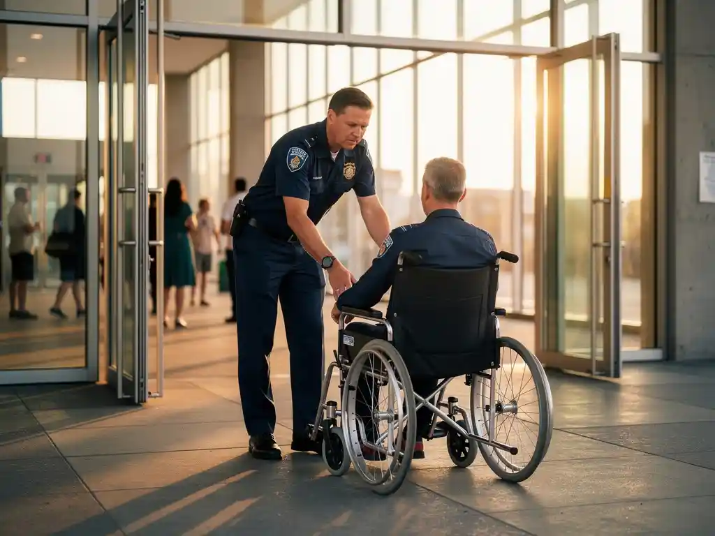 Beveiliger in uniform helpt rolstoelgebruiker door brede toegankelijke ingang van evenementenlocatie in warm middaglicht.