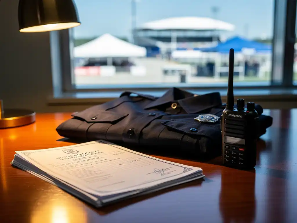 Gemeentelijke vergunning op bureau naast zwart beveiligersuniform en portofoon, met wazig evenemententerrein op achtergrond.