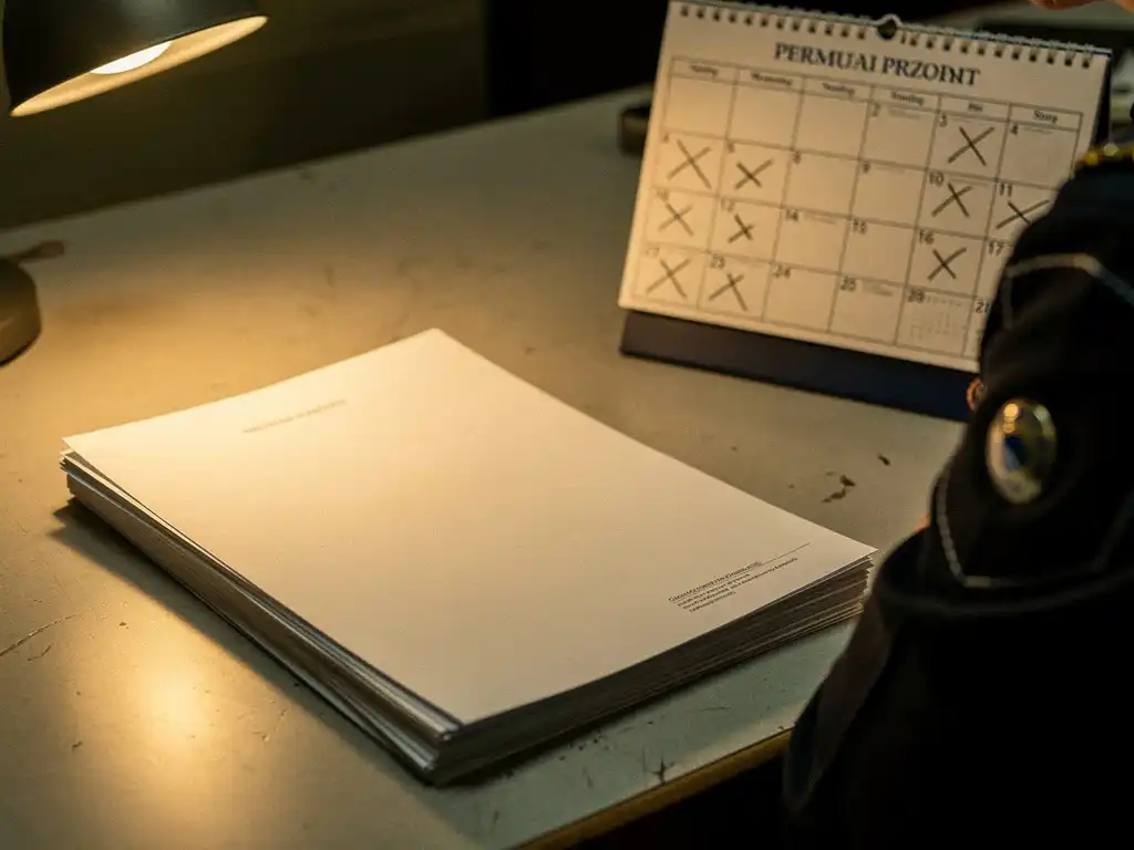 Officieel vergunningsdocument op gemeentelijk bureau naast kalender met afgestreepte wachtdagen en mouw van beveiligingsuniform.