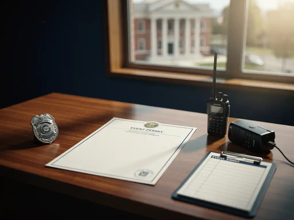 Gemeentelijk bureau met evenementenvergunning, beveiligingsbadge en radio naast klembord met checklist, stadhuis zichtbaar op achtergrond.