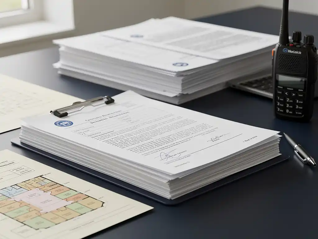 Stapel officiële vergunningsdocumenten op gemeentelijk bureau met klembord, plattegrond en zwarte portofoon in zacht natuurlijk licht.