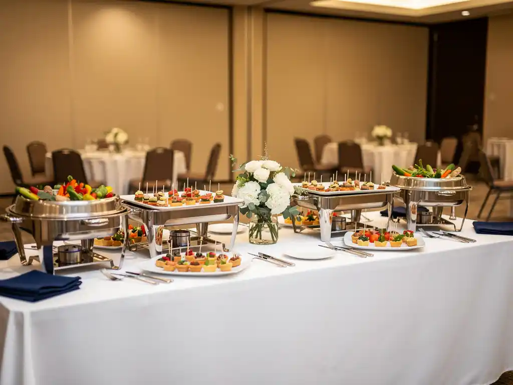Gepolijste zilveren serveerschalen met hapjes en amuses op een gedekte buffettafel met witte linnen bij een zakelijk evenement.