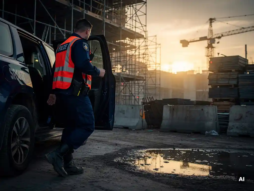 Beveiligingsmedewerker in uniform stapt bij dageraad uit een beveiligingsvoertuig op een bouwplaats, omringd door steigers en betonblokken.