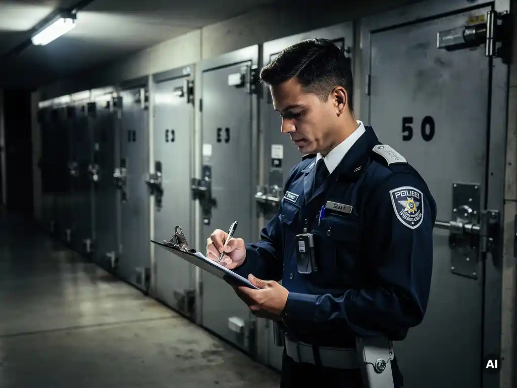 Beveiliger in uniform schrijft notities op een incidentrapportklembord in een industriële gang met beveiligde deuren op de achtergrond.