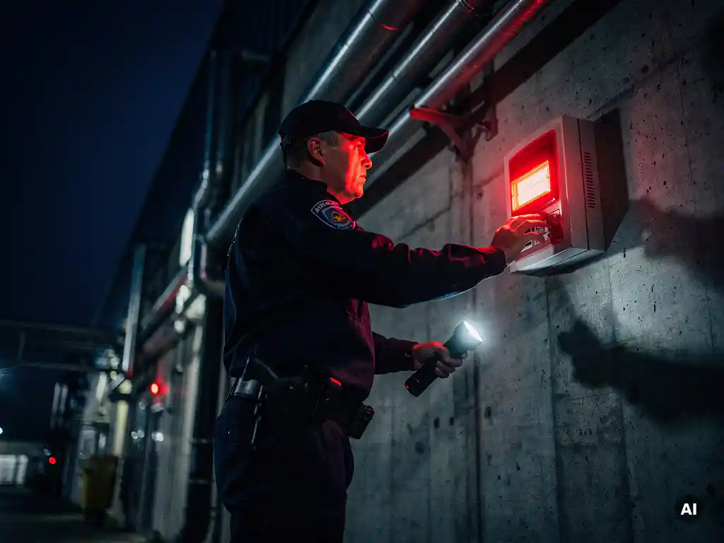 Beveiliger in uniform reageert 's nachts op een alarmpaneel op een industrieel gebouw, verlicht door rood waarschuwingslicht en zaklamp.