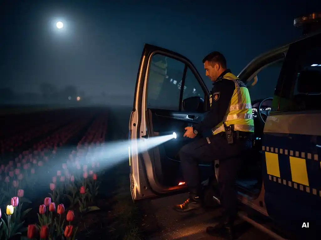 Beveiligingsmedewerker stapt 's nachts uit patrouillewagen in de Bollenstreek, reflecterend vest oplichtend in maanlicht, tulpenvelden op achtergrond.