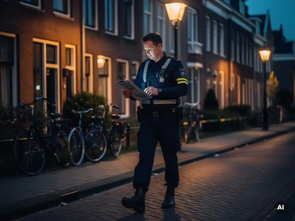Beveiliger in donker uniform patrouilleert bij schemering langs Nederlandse bakstenen rijtjeshuizen met klembord in hand.