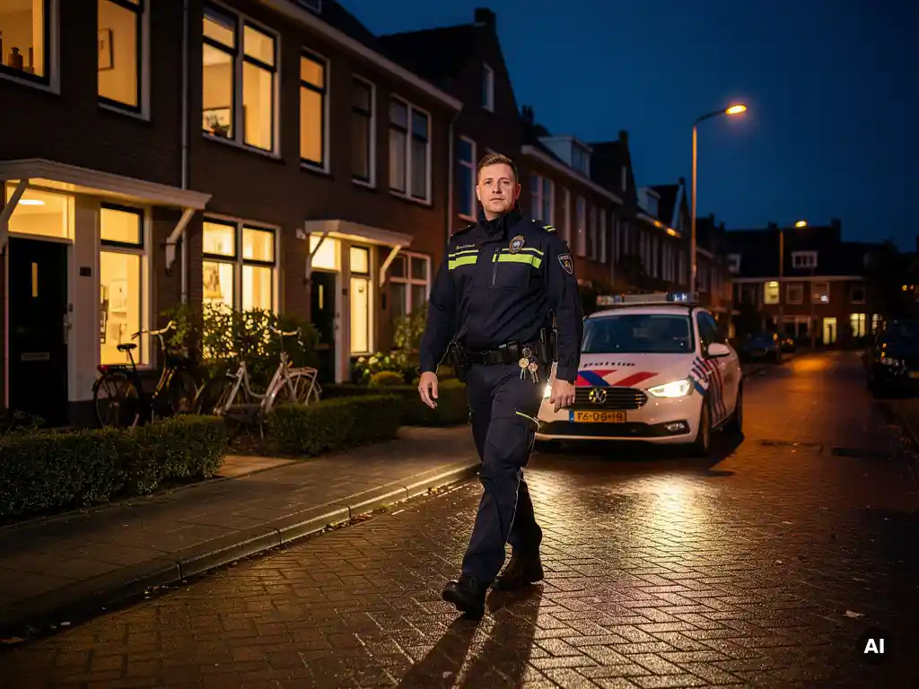 Beveiliger in uniform patrouilleert bij schemering door een rustige Nederlandse woonstraat met verlichte huizen en een beveiligingsvoertuig.