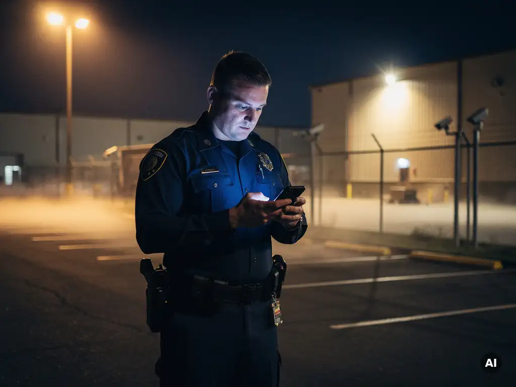 Beveiligingsmedewerker in uniform beantwoordt smartphone buiten verlichte industriële locatie, amberkleurig licht en grondmist in donkere parkeerplaats.