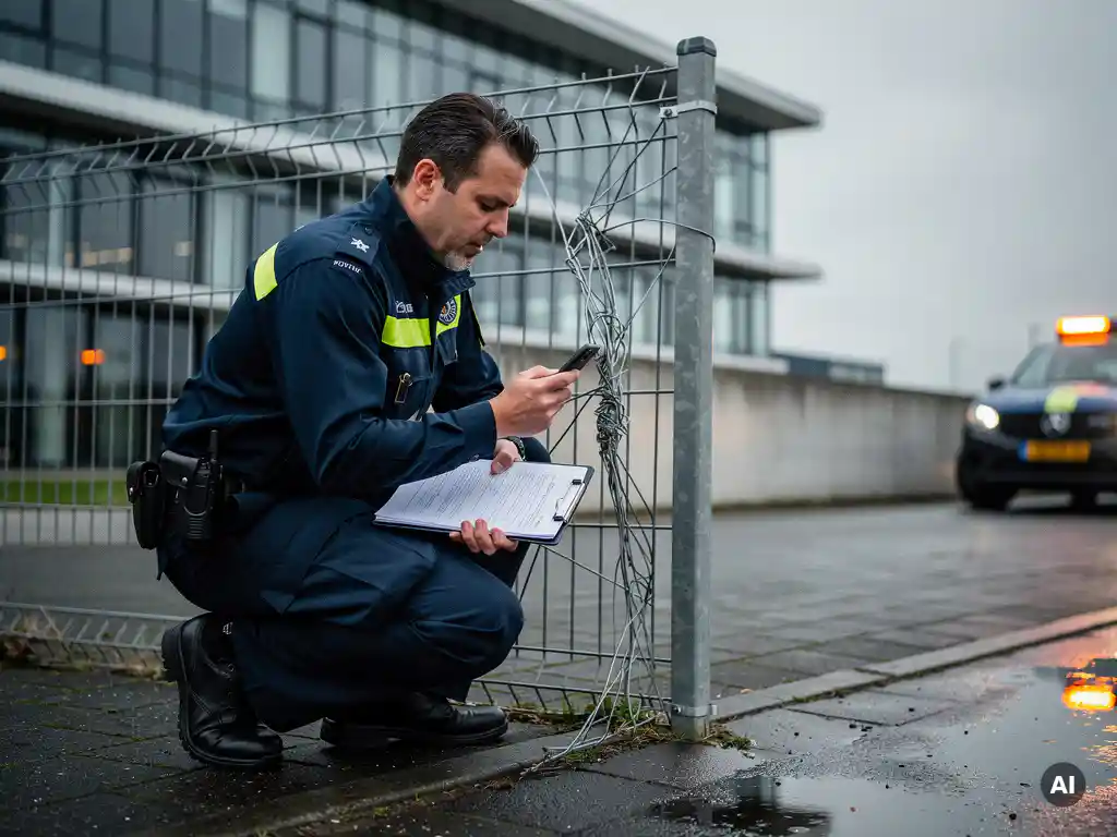 Beveiliger fotografeert beschadigd hekpaneel bij commercieel pand met smartphone, klembord onder arm, bewakingsvoertuig op achtergrond.