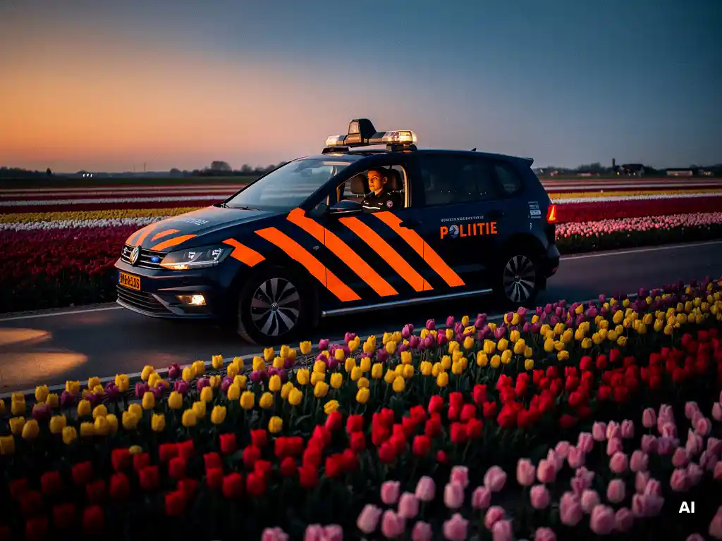 Beveiligingsvoertuig patrouillert bij schemering langs kleurrijke tulpenvelden in de Bollenstreek, met lange schaduwen over het landschap.