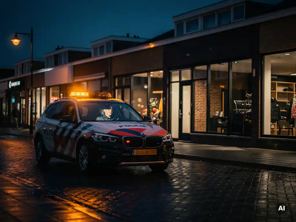 Beveiligingsauto met zwaailicht rijdt langs Nederlandse winkelpanden in de schemering, natte kinderkopjes weerspiegelen oranje straatverlichting.