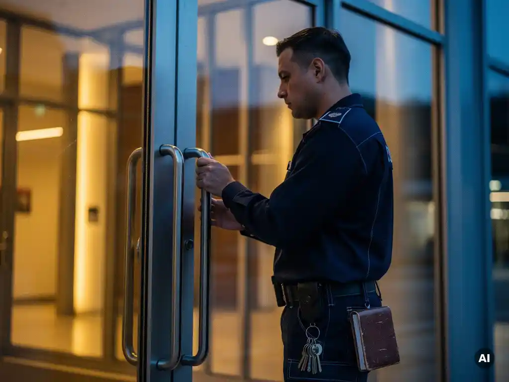 Beveiliger in uniform inspecteert stalen deur van commercieel gebouw bij schemering, met sleutels en logboek aan riem.