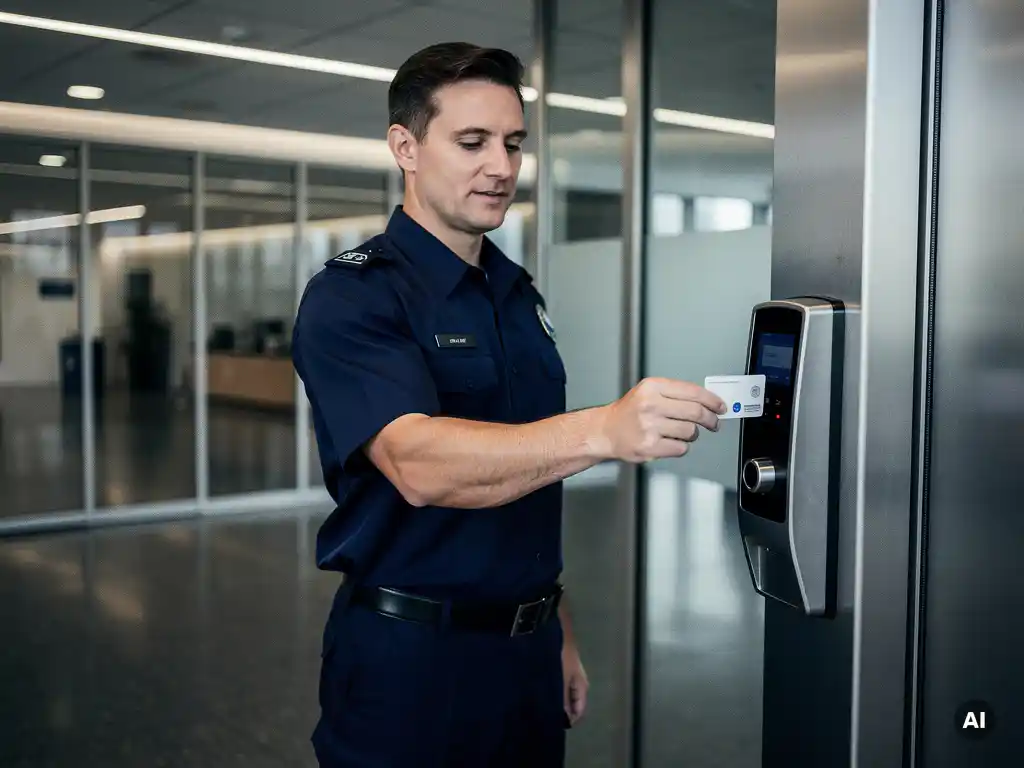 Beveiligingsmedewerker met toegangspas bij elektronische kaartlezer op stalen deurframe in moderne kantoorlobby.