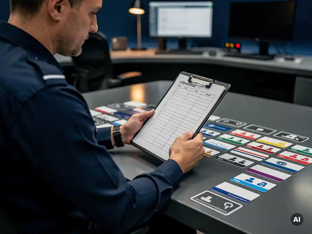 Beveiligingsmanager bekijkt contactenlijst op klembord, omringd door ID-badges en toegangskaarten op een modern bureau.