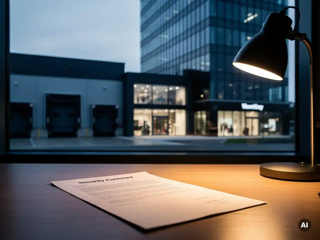 Beveiligingscontract op bureau met zicht op industrieel pand, winkel en kantoorgebouw door raam op de achtergrond.