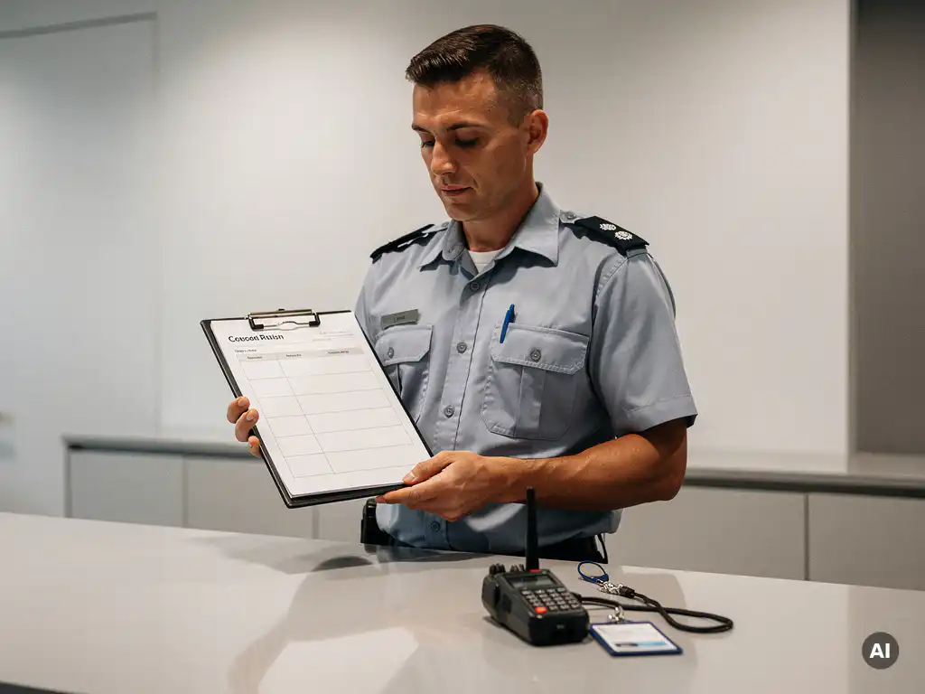 Beveiligingsmedewerker in uniform controleert klembord aan receptiebalie met portofoon en toegangspas, professionele omgeving.