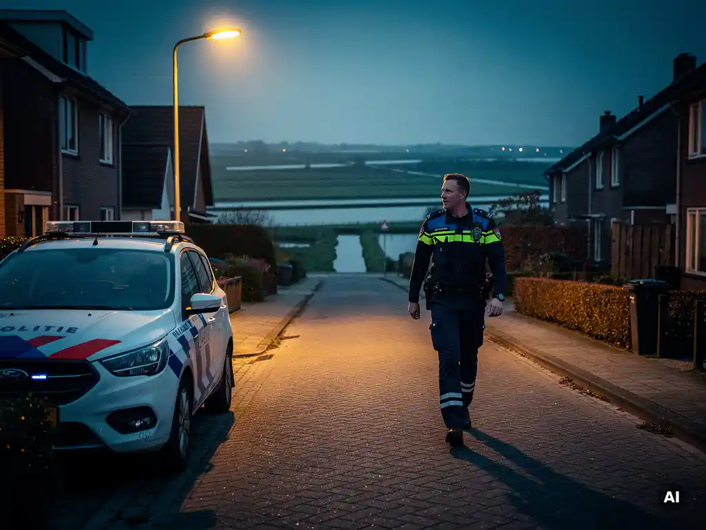 Beveiligingsmedewerker patrouilleert bij schemering in Haarlemmermeer naast een surveillancevoertuig op een rustige woonstraat.