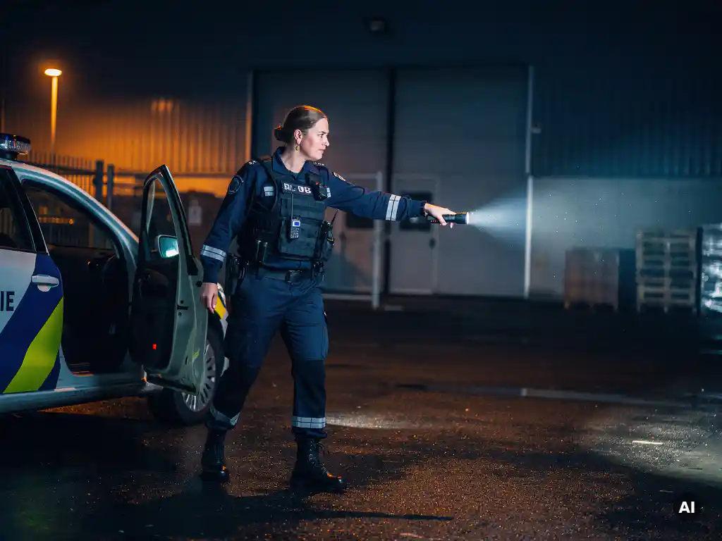 Beveiligingsmedewerker stapt 's nachts uit patrouillewagen bij industrieel pand in Haarlemmermeer, zaklamp gericht op magazijningang.