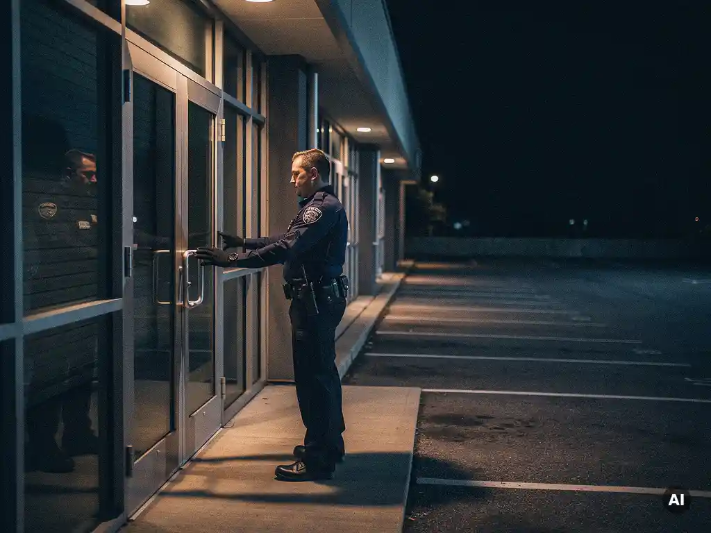 Beveiliger in uniform test 's nachts een zware stalen deur van een commercieel gebouw, verlicht door warm amber beveiligingslicht.