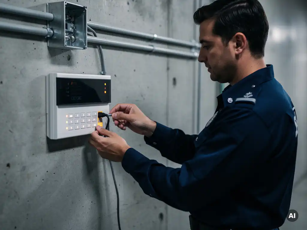 Beveiliger sluit kabel aan op modern alarmpaneel aan betonnen muur, met zichtbare bekabeling en oranje indicatielampjes.