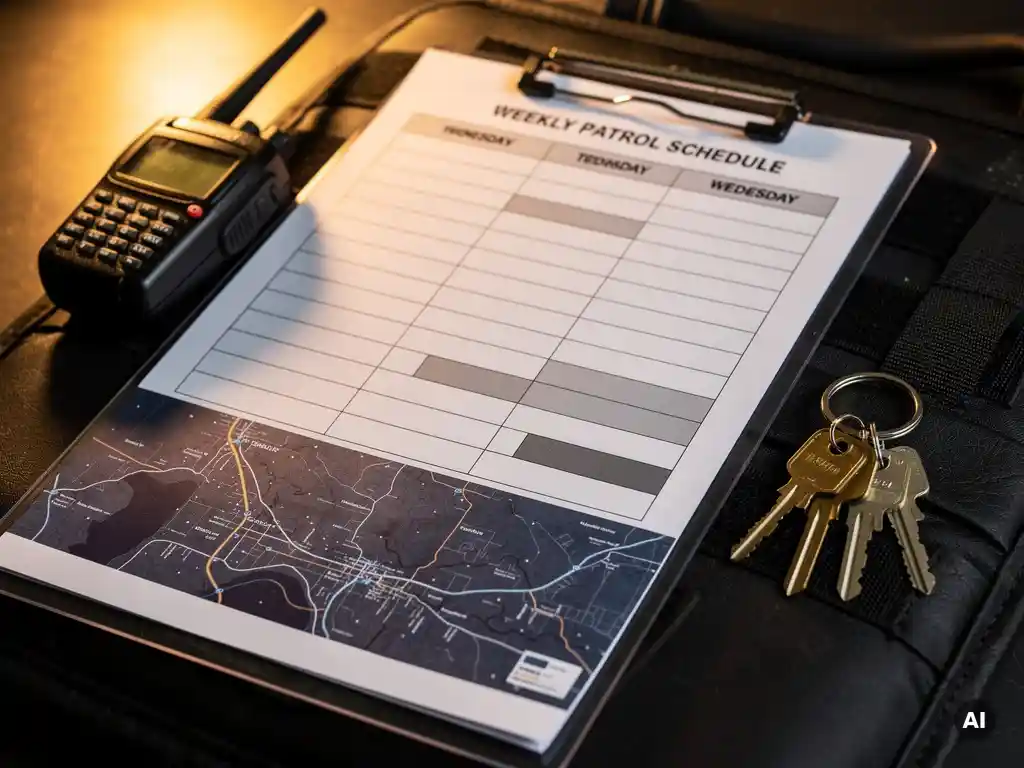 Beveiligingsagent weekrooster op klembord met patrouilleroutes op regionale kaart, radio en sleutels op tactisch bureau in amberkleurig lamplight.