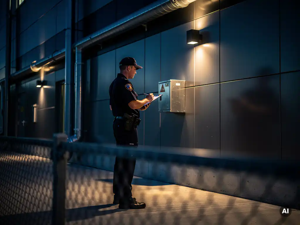 Beveiligingsmedewerker in uniform inspecteert toegangspaneel bij industrieel gebouw tijdens nachtpatrouille, klembord in hand.