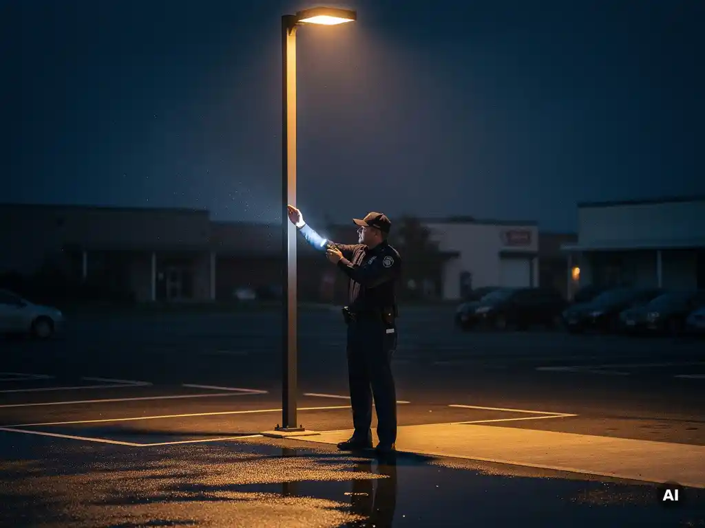 Beveiliger in donker uniform inspecteert verlichte lantaarnpaal op commercieel terrein, zaklantaarn en amberkleurig licht op nat asfalt.