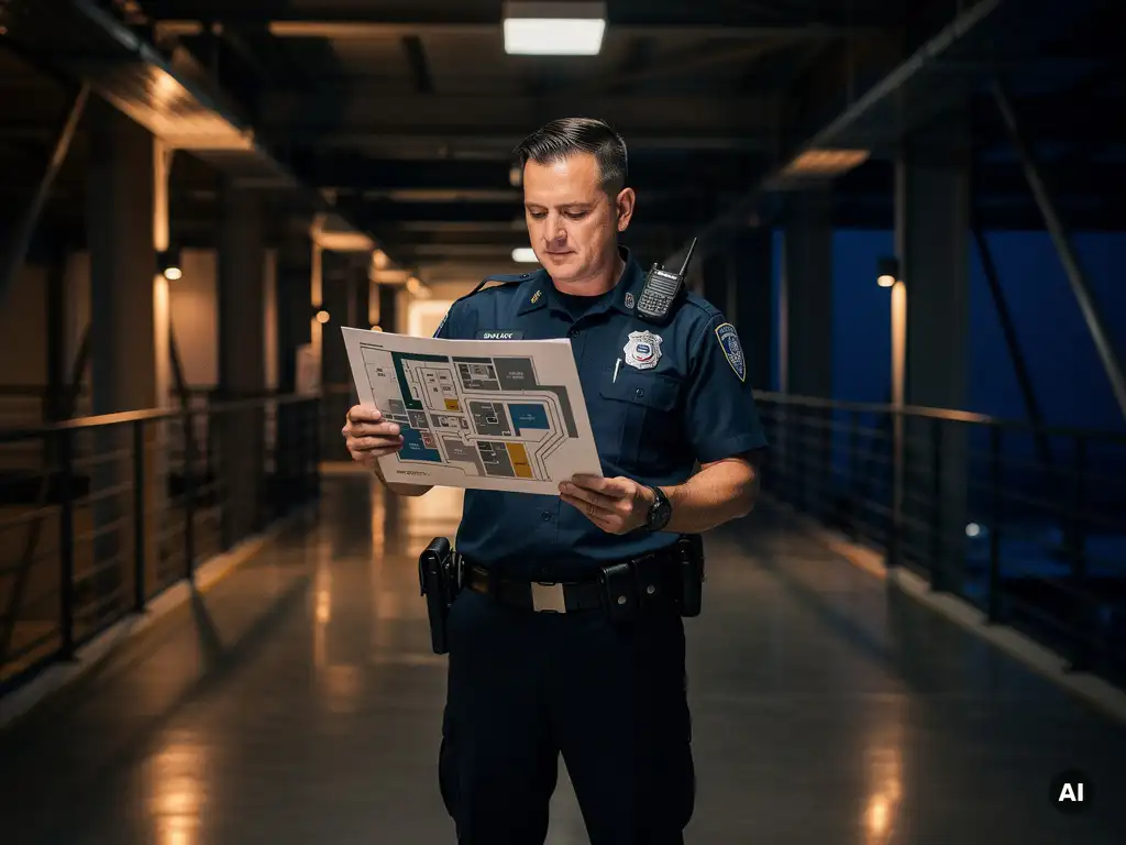 Beveiliger bestudeert gezoneerde plattegrond op klembord in moderne industriële faciliteit bij nacht, verlicht door warm amberkleurig licht.