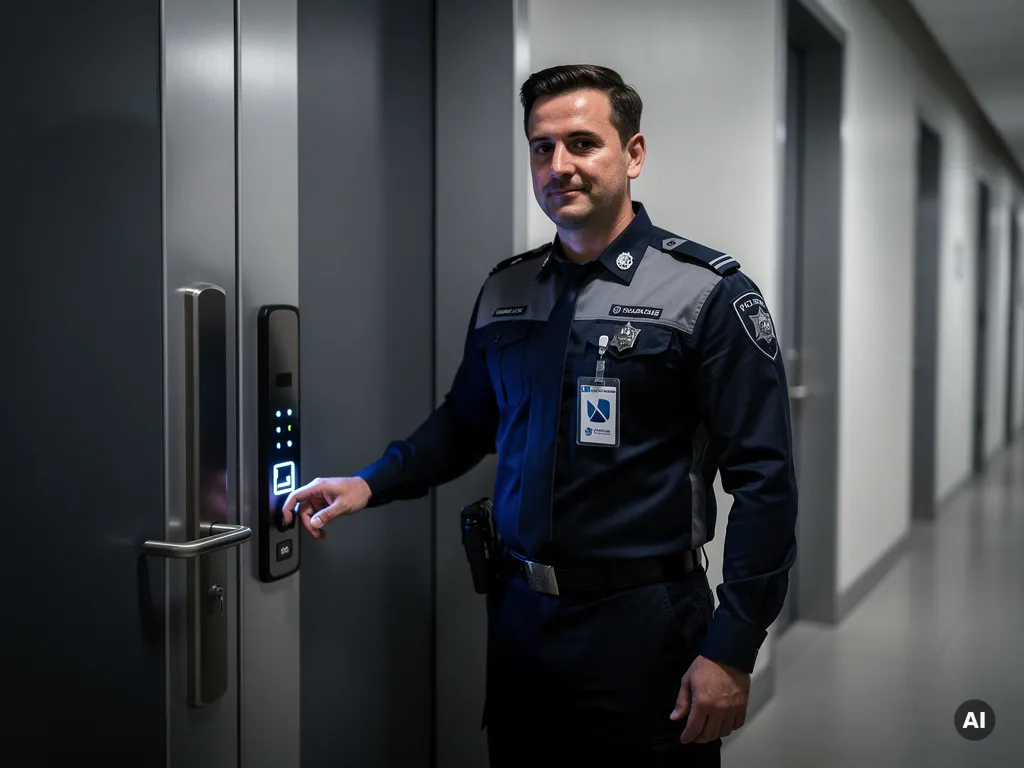 Beveiliger in uniform bij gesloten kantoorgang, hand op modern toegangspaneel met geborsteld stalen deurknop, zacht verlichte hal op de achtergrond.