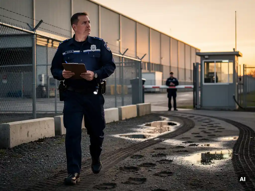 Beveiligingsbeambte met klembord patrouilleert bij dageraad rond industrieel complex, collega zichtbaar bij toegangspoort op achtergrond.
