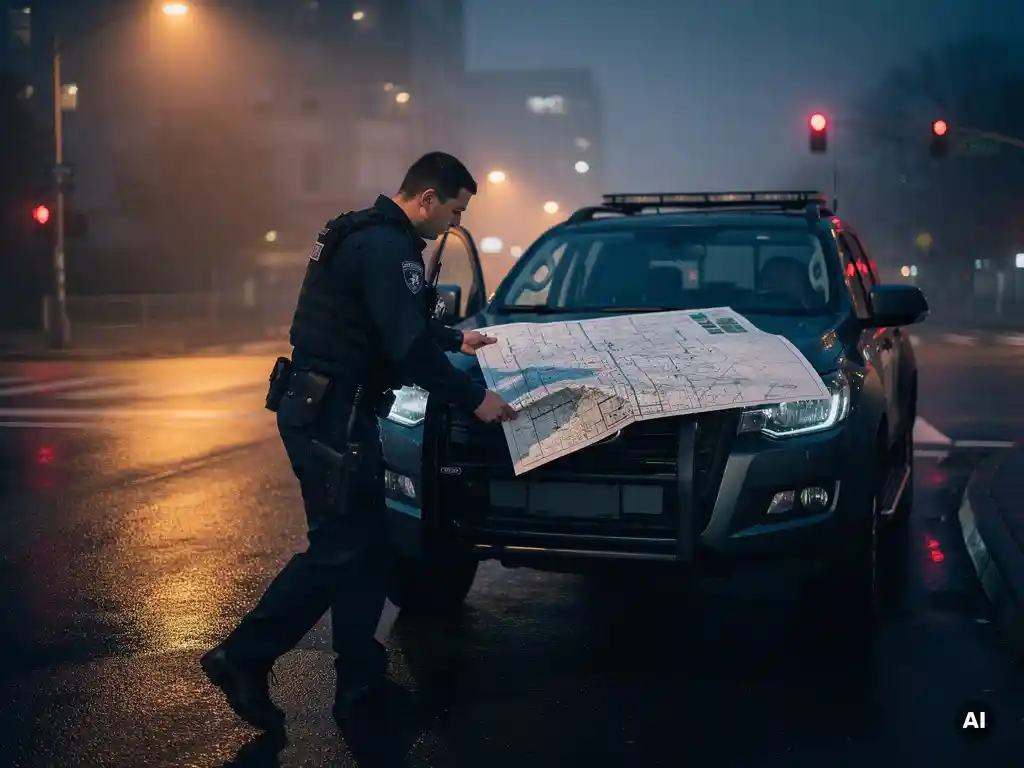 Beveiligingsmedewerker bestudeert routekaart op motorkap van patrouillewagen bij nachtelijk kruispunt onder amberkleurig straatlicht.