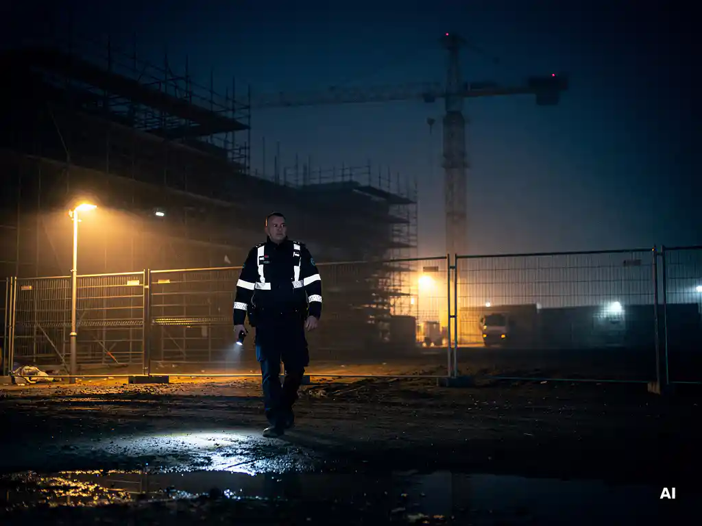Beveiligingsmedewerker patrouilleert 's nachts langs bouwplaatsomheining, verlicht door amberkleurig bouwlicht met steigers op de achtergrond.